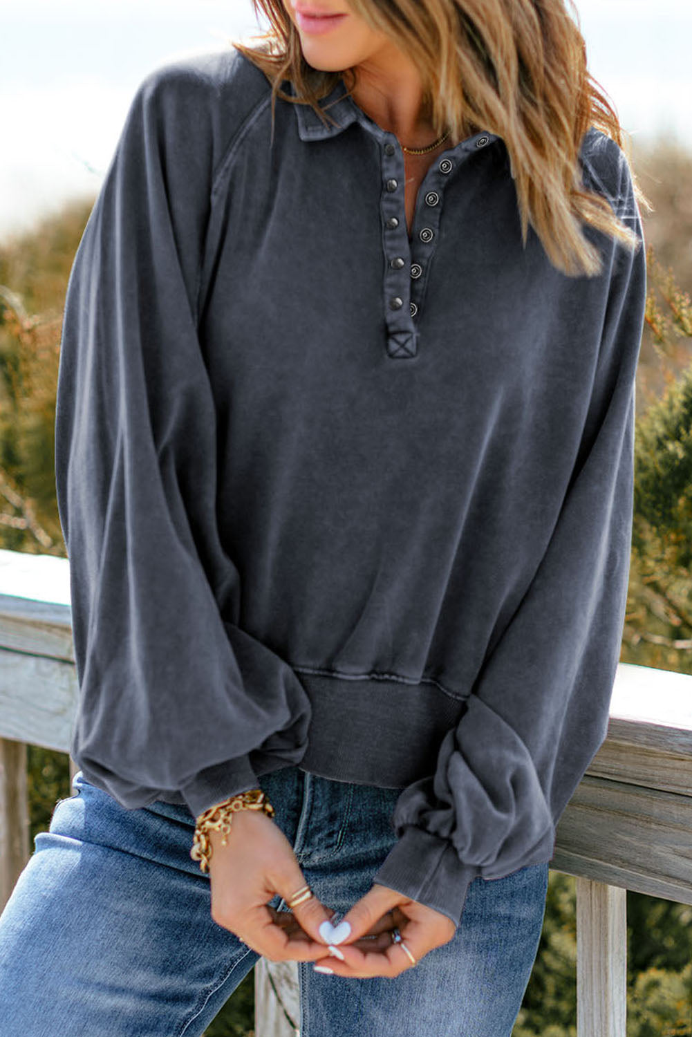 Quarter-snap Collared Lantern Sleeve Sweatshirt (13)