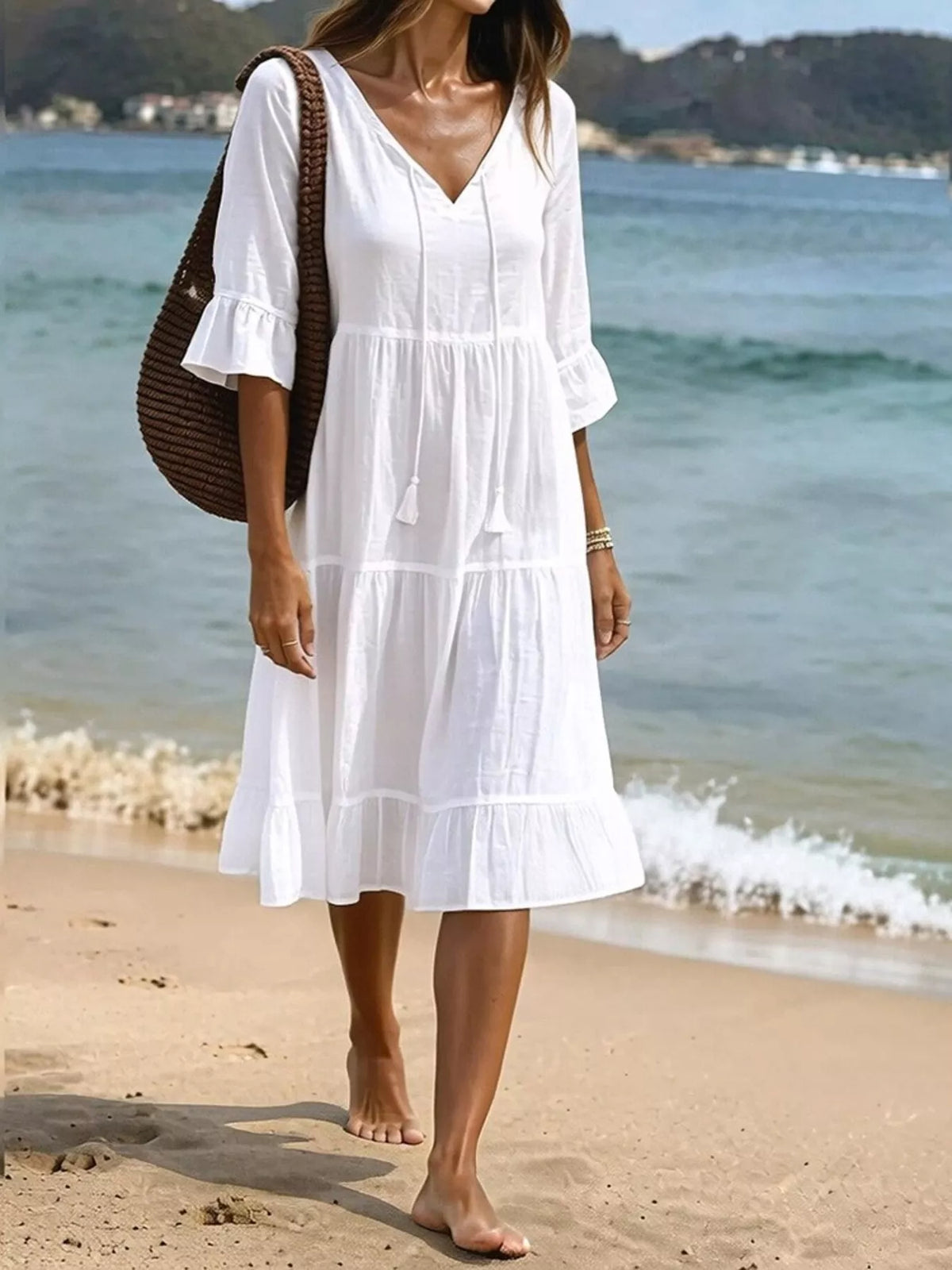 Full Size Tiered Tie Neck Flounce Sleeve Dress Plus