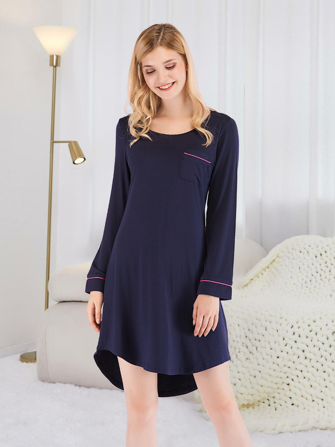 Round Neck Night Dress Pocket