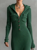 Hooded Knit Maxi Dress Button-up Placket Chest Pockets (6)