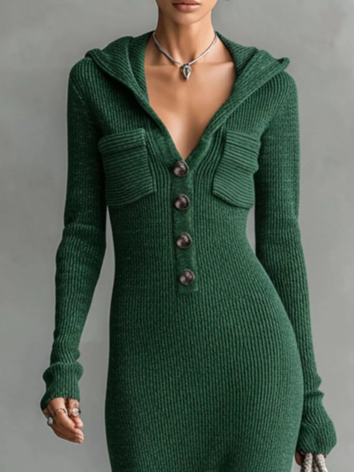 Hooded Knit Maxi Dress Button-up Placket Chest Pockets (6)