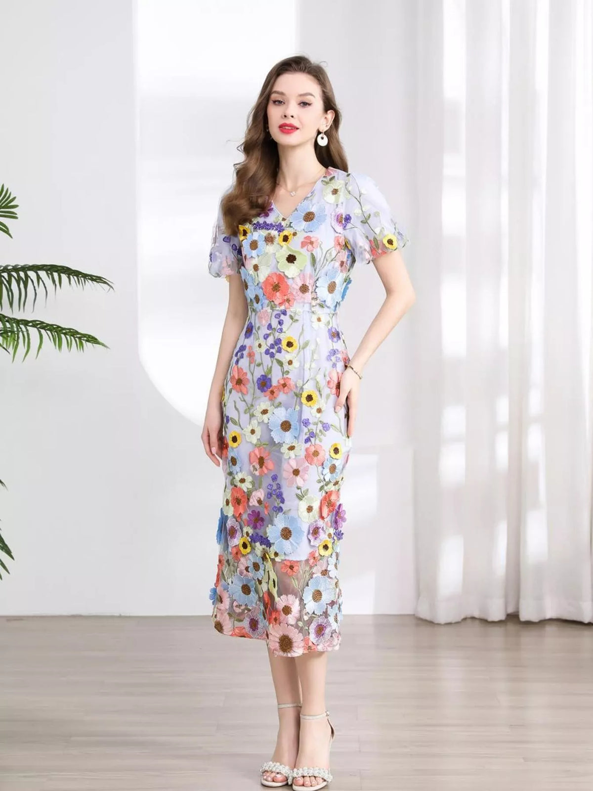 Floral Embroidered Puff Sleeve Midi Dress (13)