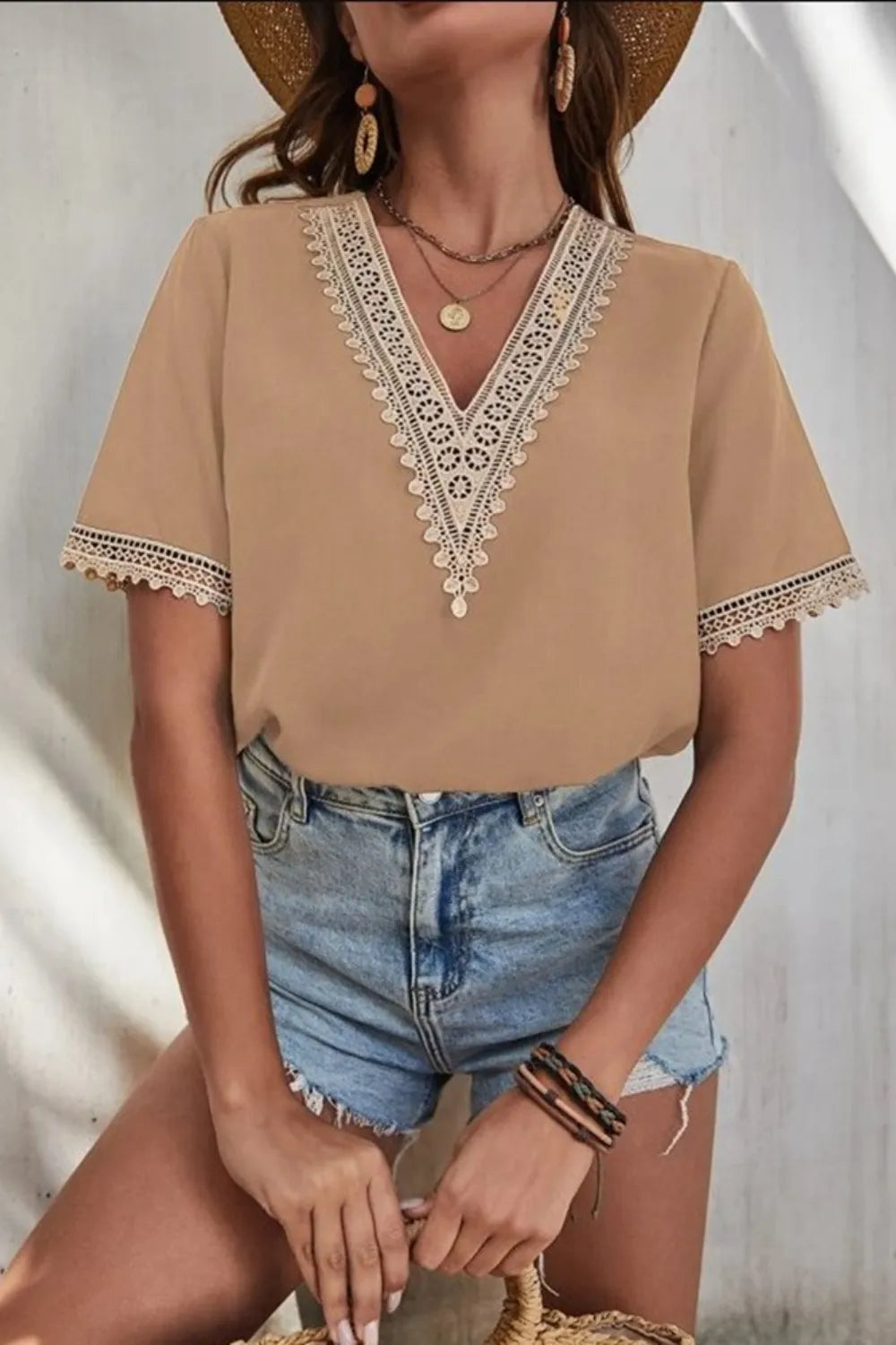 Full Size Lace Detail V-neck Short Sleeve Blouse Plus (11)
