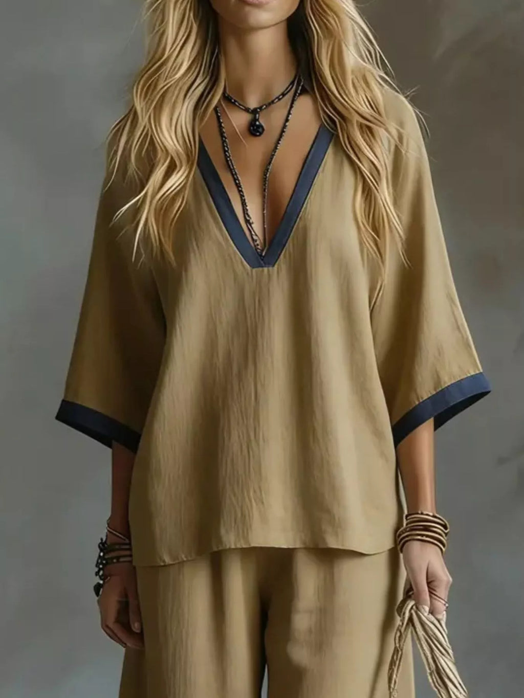 Contrast Trim V-neck Top Pants Set (6)