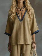 Contrast Trim V-neck Top Pants Set (6)
