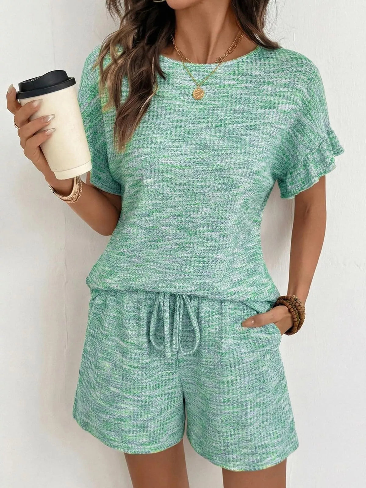 Ruffle Sleeve Textured Top Shorts Set (14)