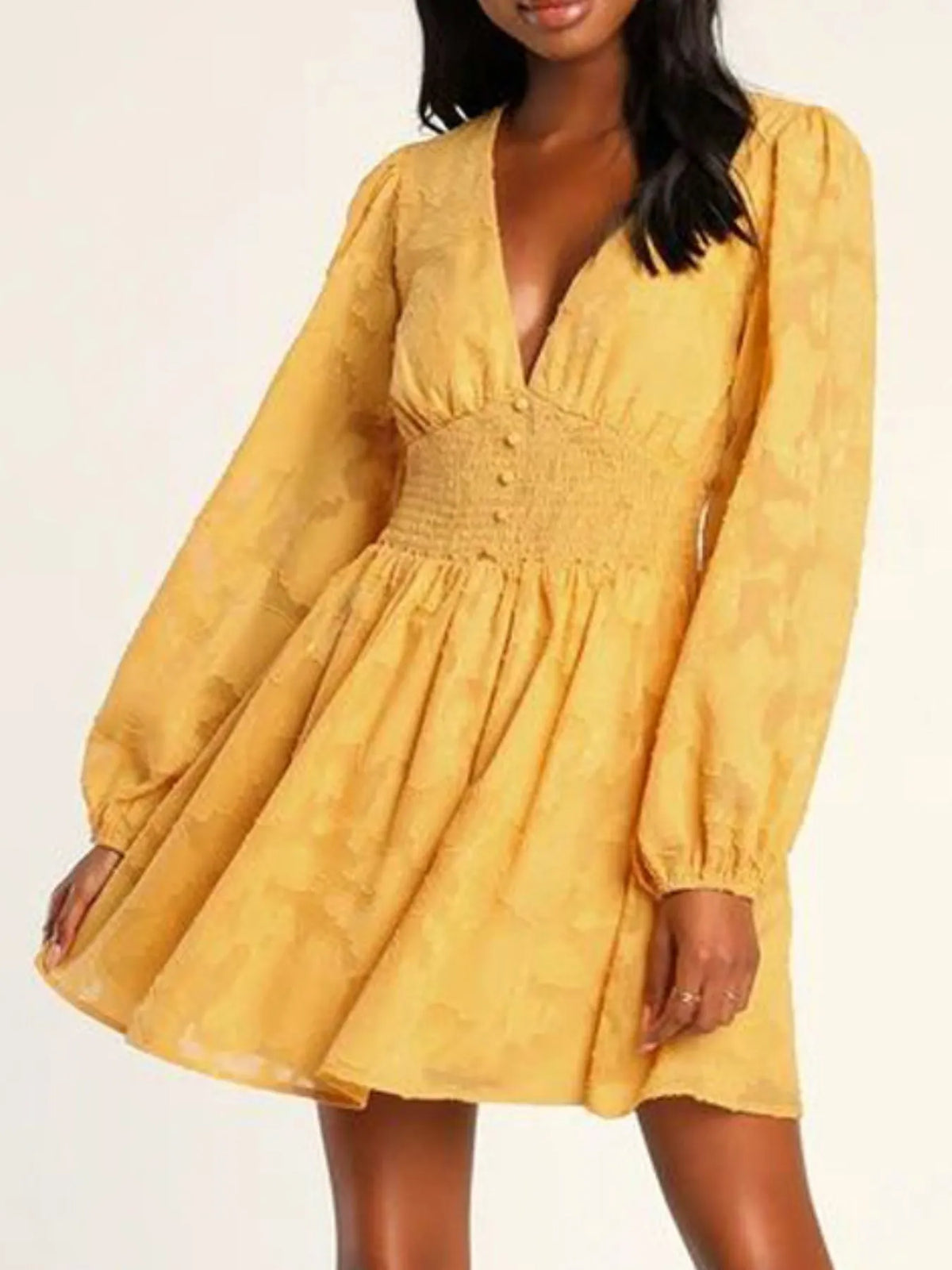 Smocked V-neck Balloon Sleeve Dress (10)