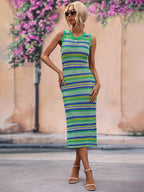 Striped Round Neck Sleeveless Midi Cover Up Dress (4)