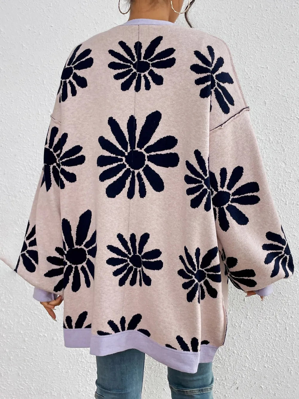 Contrast Dropped Shoulder Long Sleeve Cardigan (2)