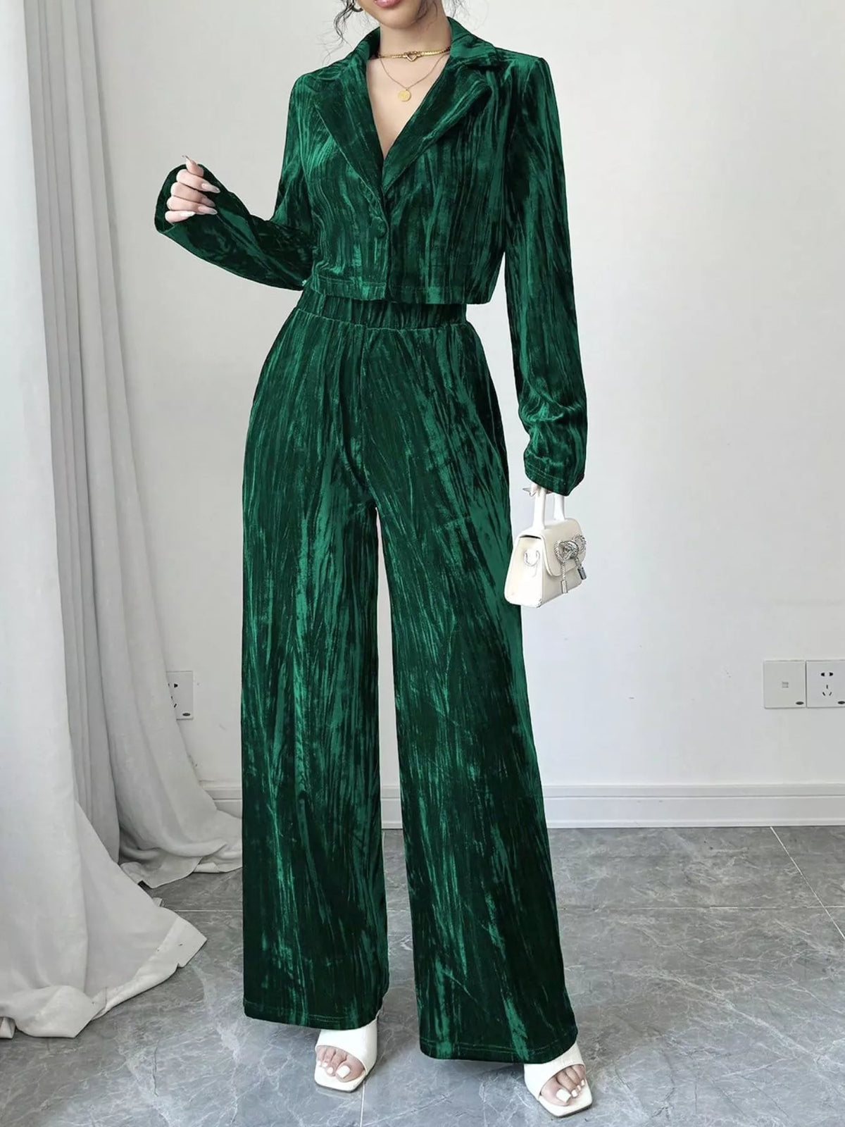 Pleated Velvet Blazer Wide Leg Pants Set (6)
