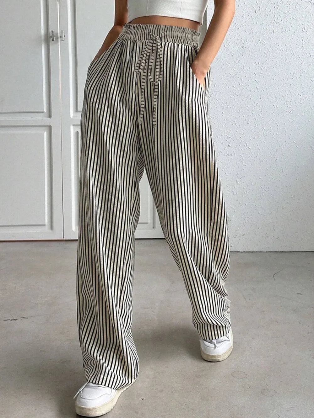 Drawstring Striped Elastic Waist Pants (10)