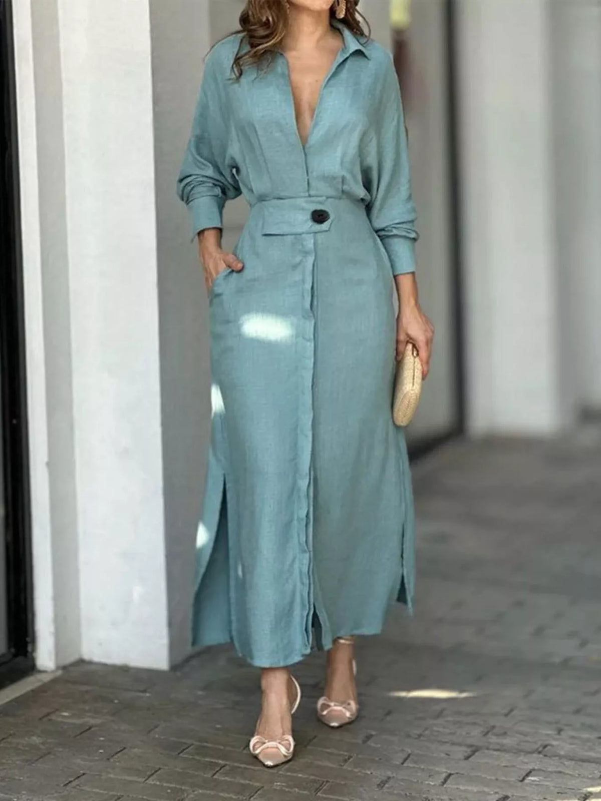 Side Slit Long Sleeve Shirt Dress (2)