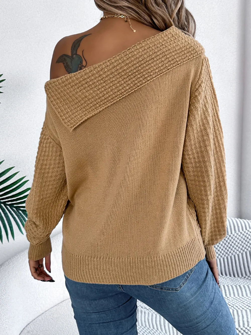 Cable-knit One Shoulder Long Sleeve Sweater (2)