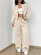 Casual Solid Color Zipper Jacket Wide Leg Pants Set (2)