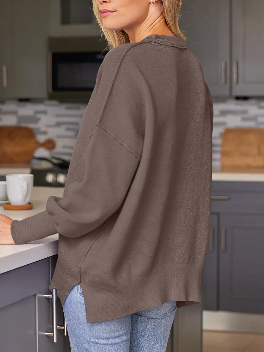Slit Round Neck Dropped Shoulder Sweater (2)