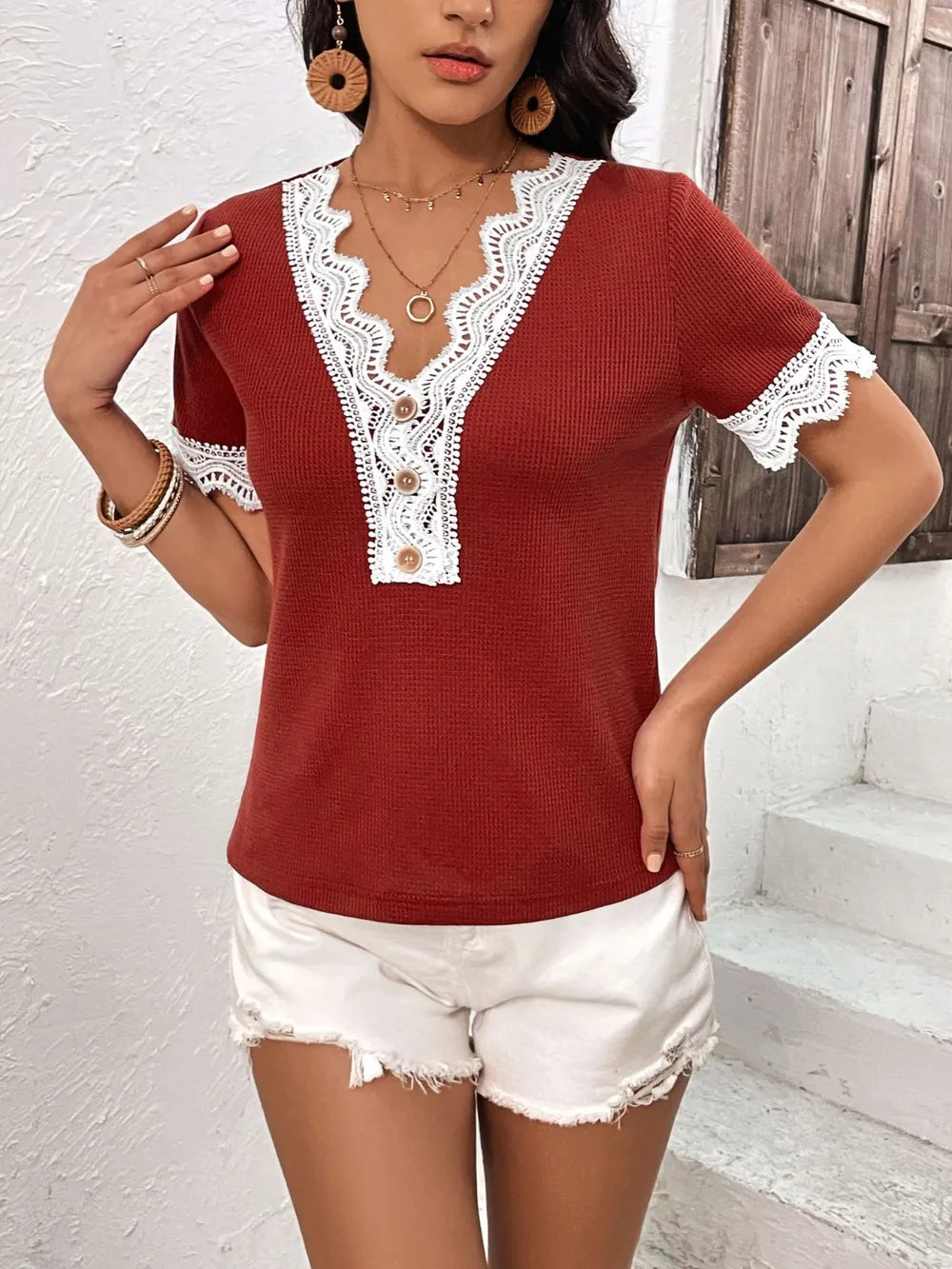 Lace Detail V-neck Short Sleeve T-shirt