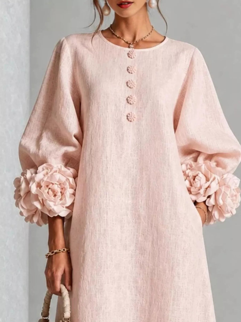 3d Floral Round Neck Midi Dress (3)