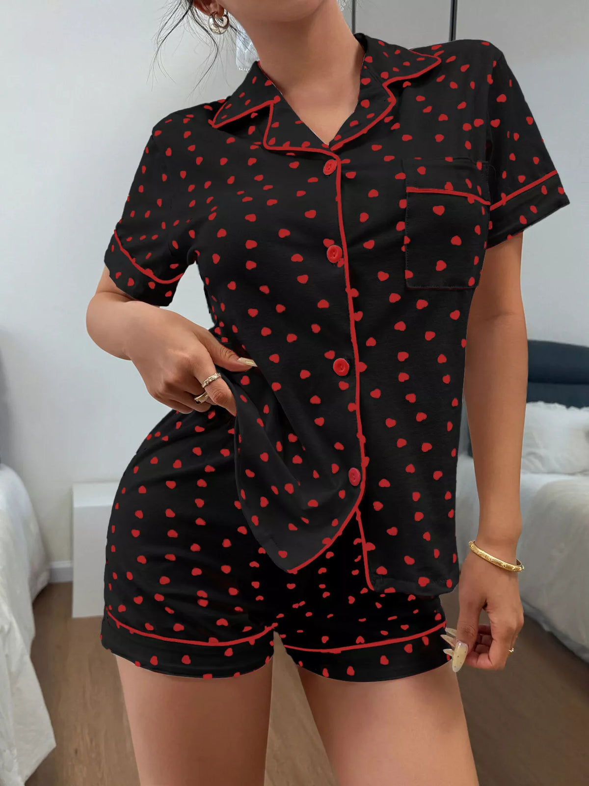 Heart Print Button-down Short Sleeve Top Shorts Lounge Set (7)