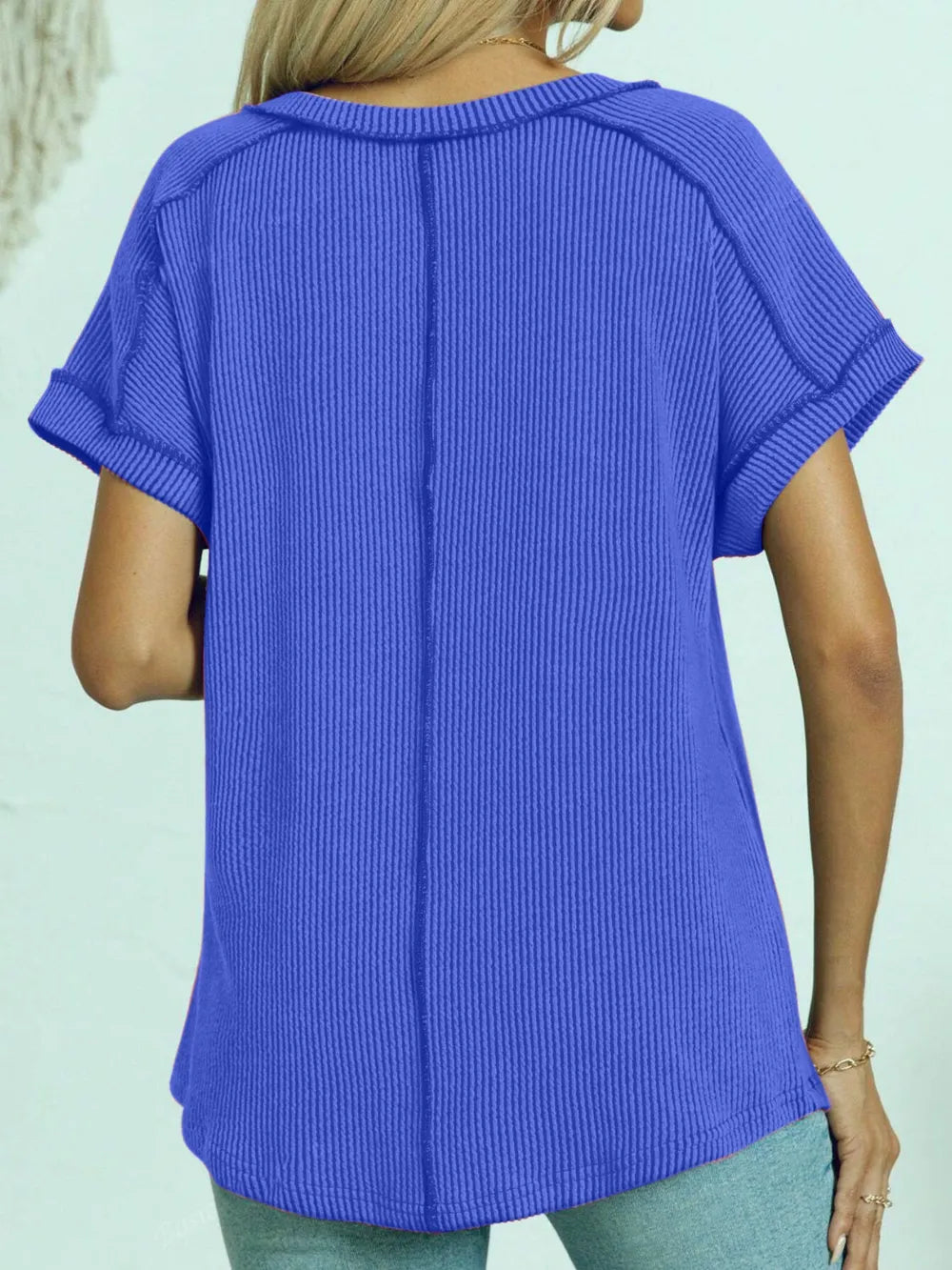 Exposed Seam V-neck Short Sleeve Top (12)