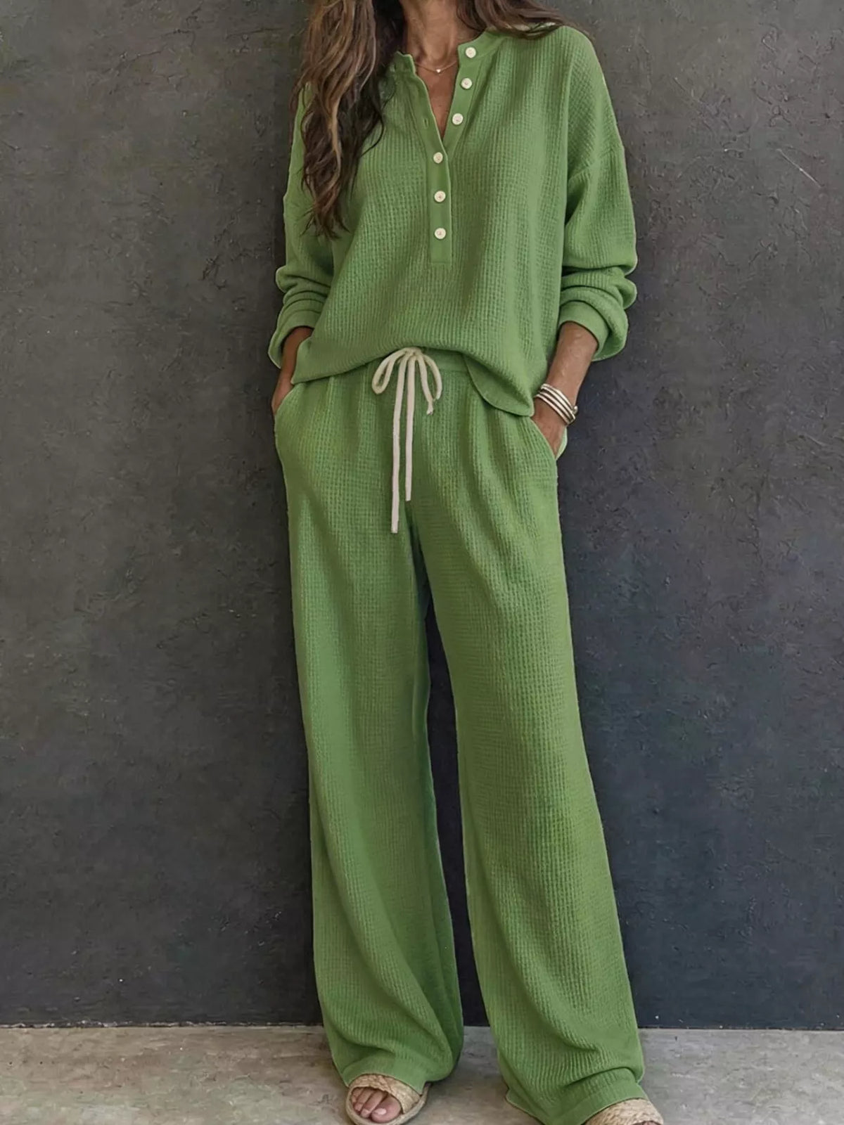 Waffle Knit Henley Top Wide Leg Pants Set (13)
