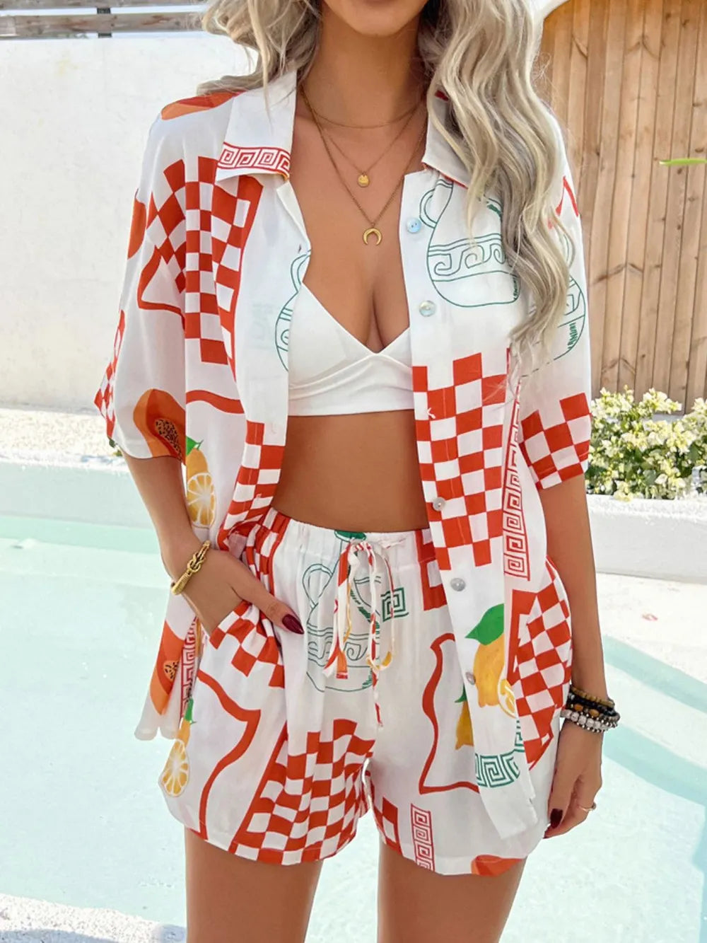 Printed Collared Neck Half Sleeve Top Shorts Set (16)