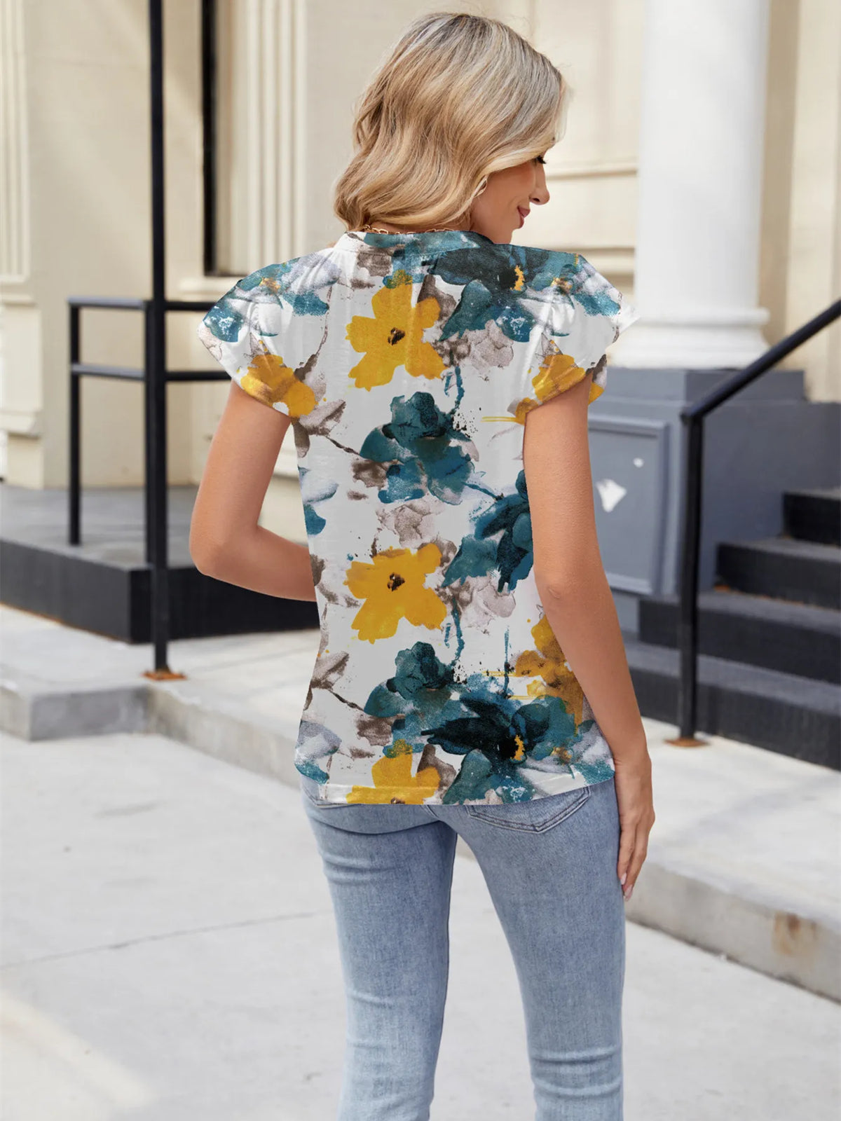 Floral Print V-neck Cap Sleeve Casual Summer Blouse (16)