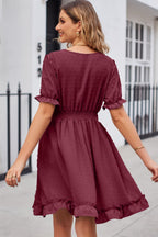 Swiss Dot Frill Trim Flounce Sleeve V-neck Dress (12)