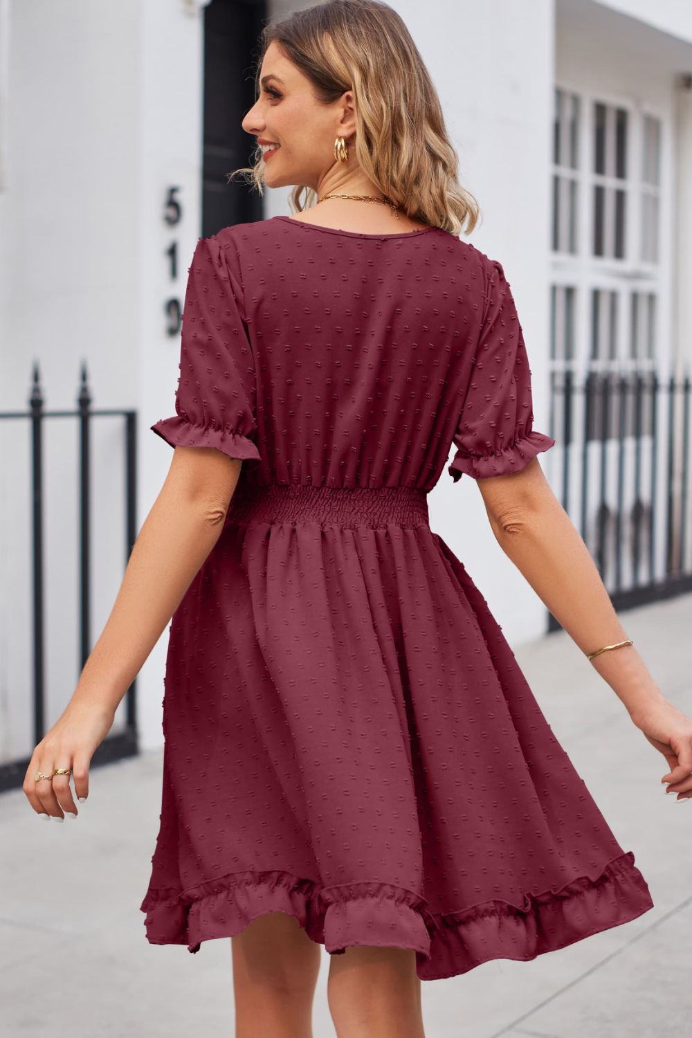 Swiss Dot Frill Trim Flounce Sleeve V-neck Dress (12)