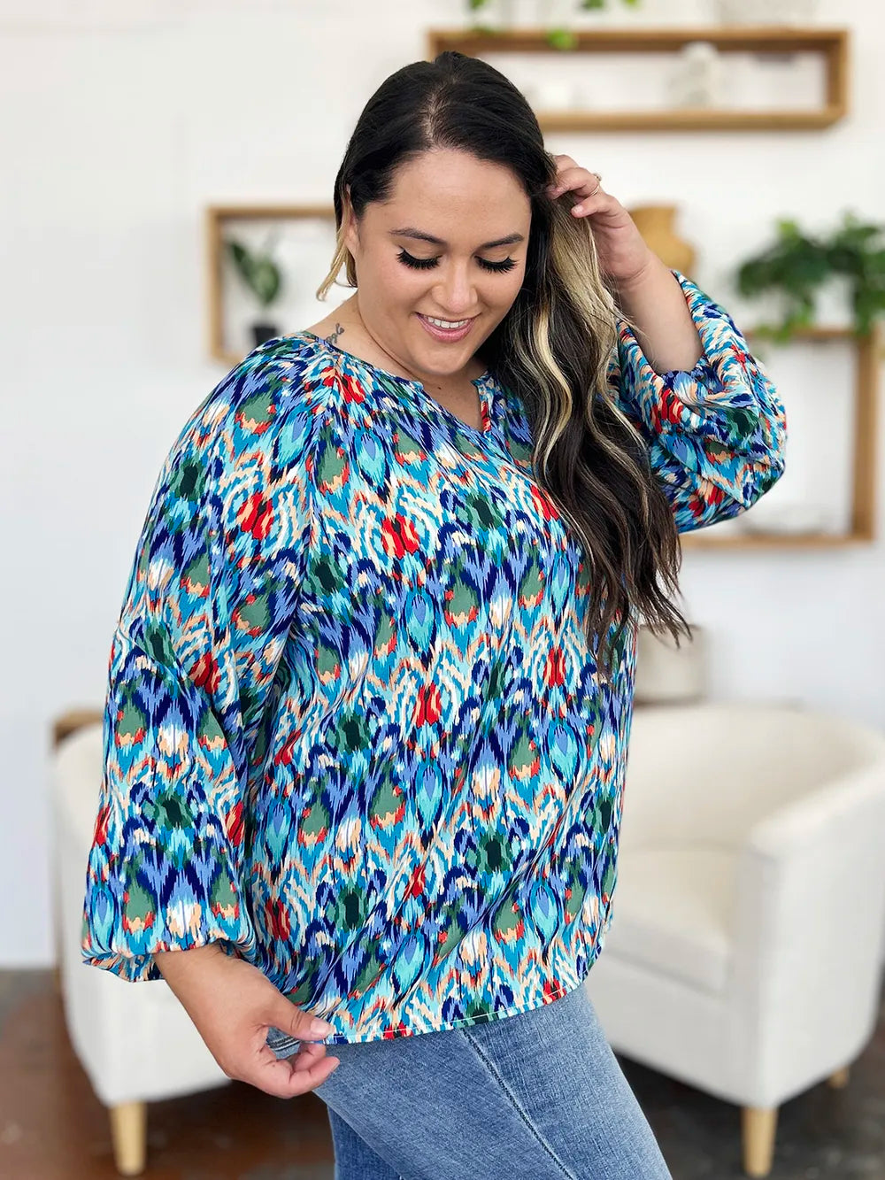 Full Size Printed Balloon Sleeve Blouse (12)