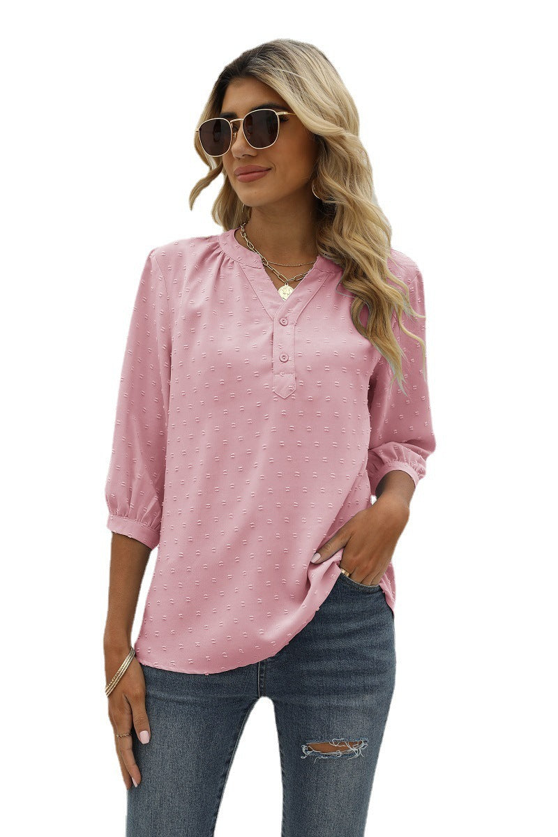 Swiss Dot Notched Neck Three-quarter Sleeve Blouse (13)