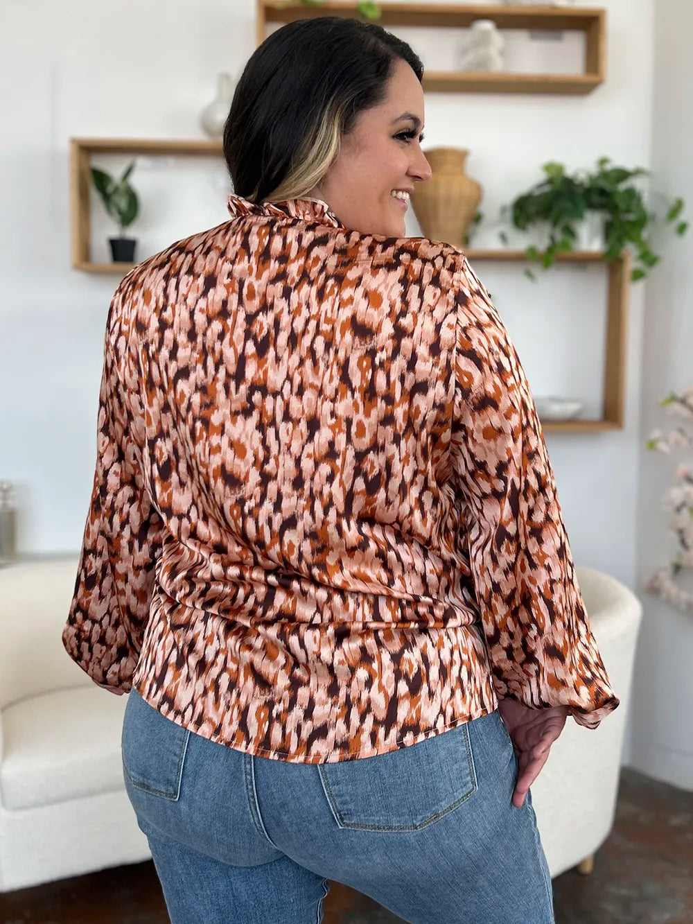 Full Size Printed Ruffle Trim Balloon Sleeve Shirt Plus (10)