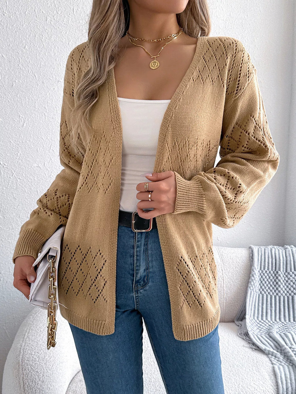 Openwork Open Front Long Sleeve Cardigan (3)