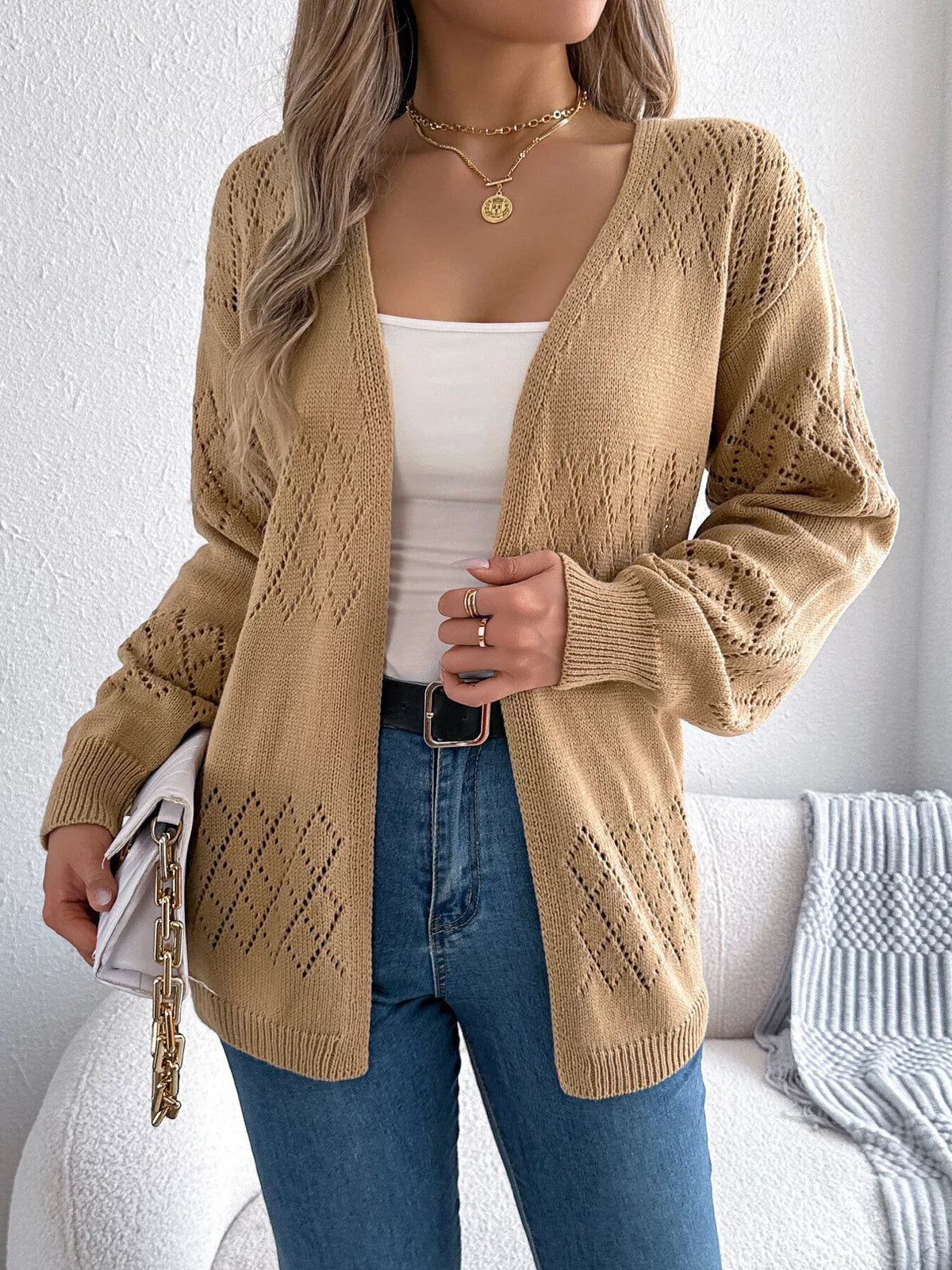 Openwork Open Front Long Sleeve Cardigan (3)