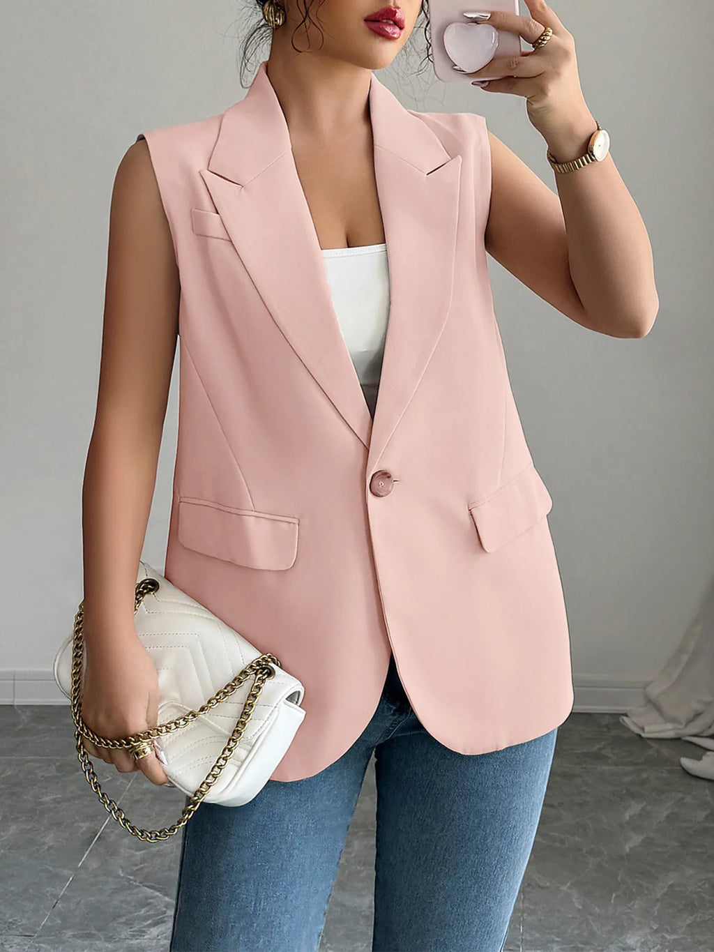 One Button V-neck Blazer Vest Coat (10)