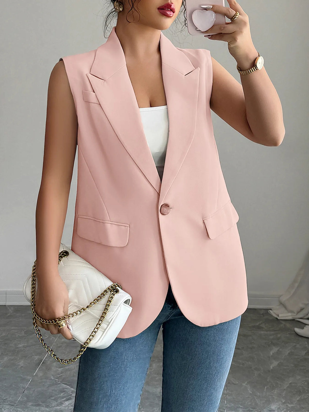 One Button V-neck Blazer Vest Coat (10)