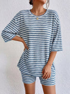 Striped Round Neck Top Shorts Set (12)