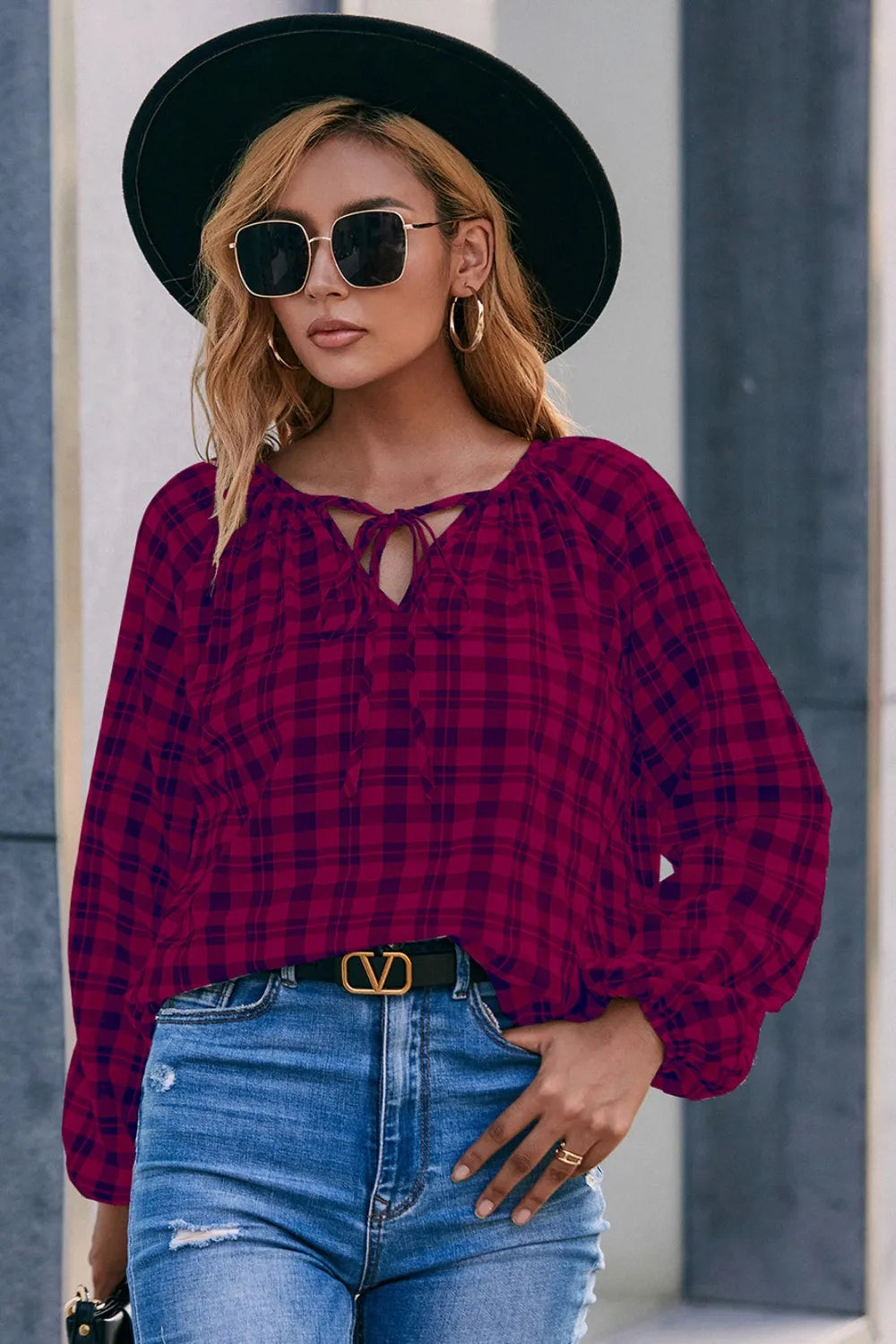 Plaid Tie Neck Balloon Sleeve Blouse (8)