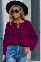 Plaid Tie Neck Balloon Sleeve Blouse (8)