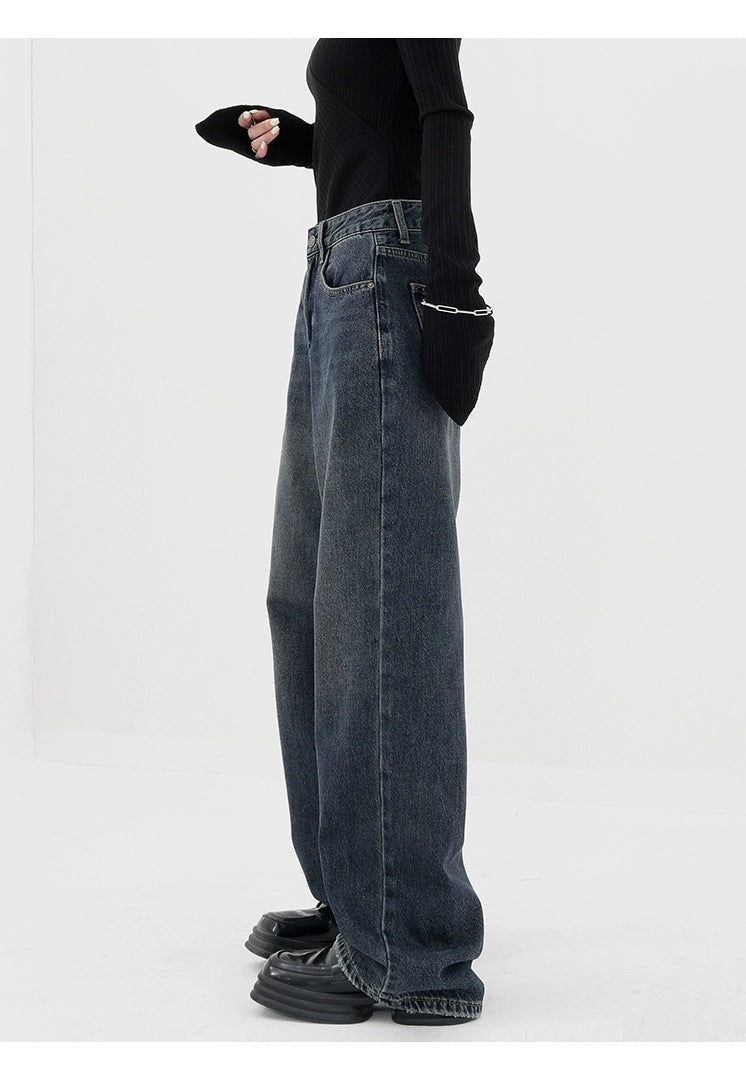 Retro Dark Blue Wide Leg Jeans Baggy Straight Trousers photo 16