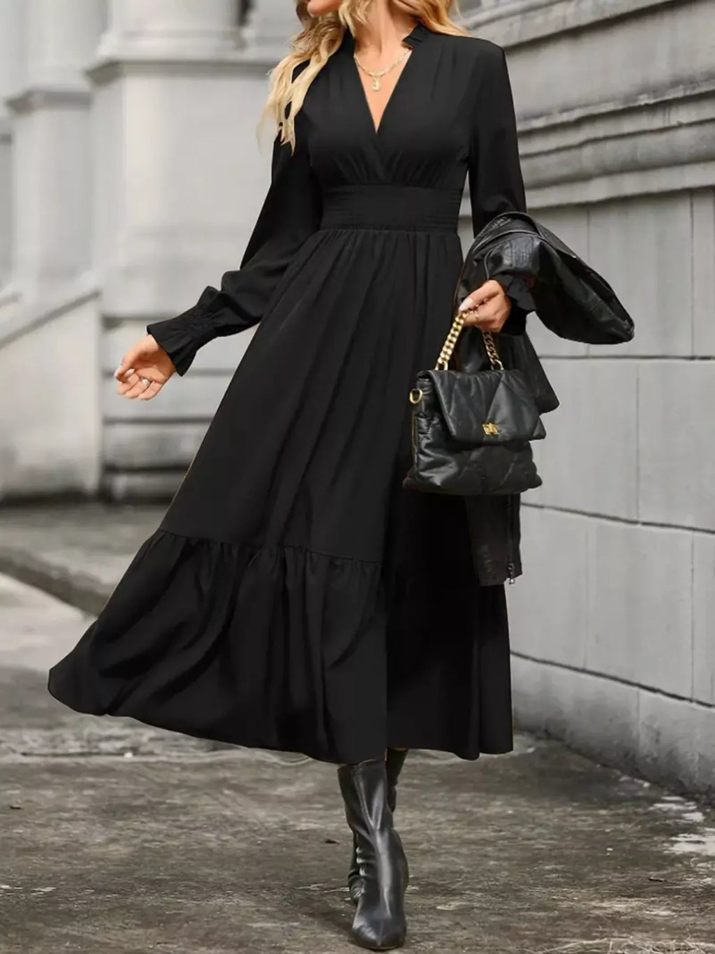 Surplice Long Sleeve Tiered Midi Dress (13)