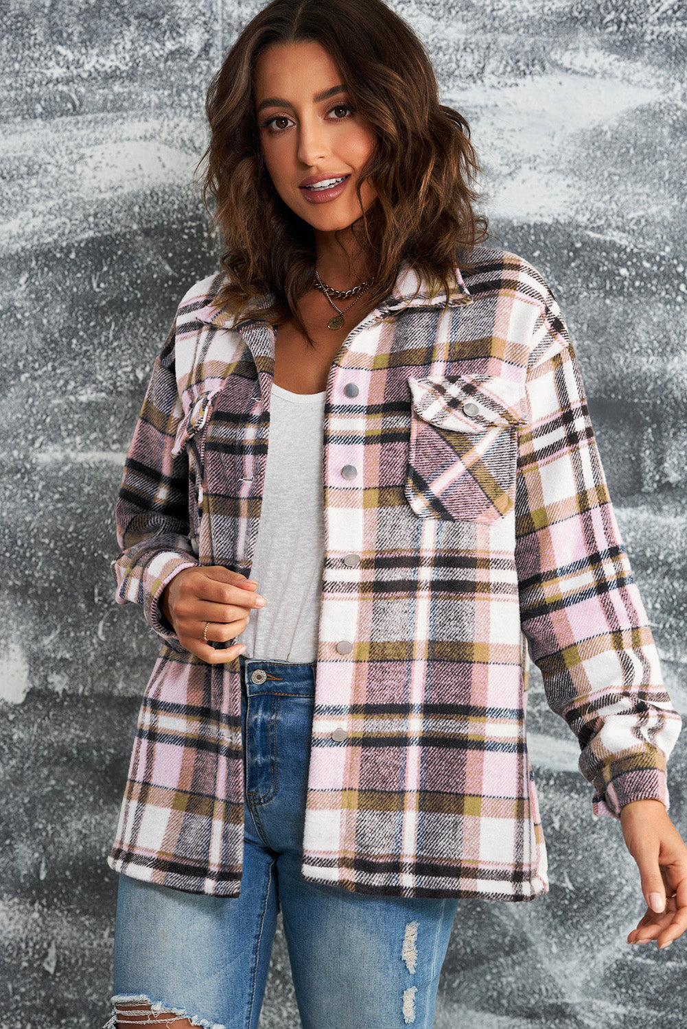 Plaid Button Front Shirt Jacket Breast Pockets (8)