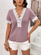 Decorative Button Spliced Lace Short Sleeve Top (3)