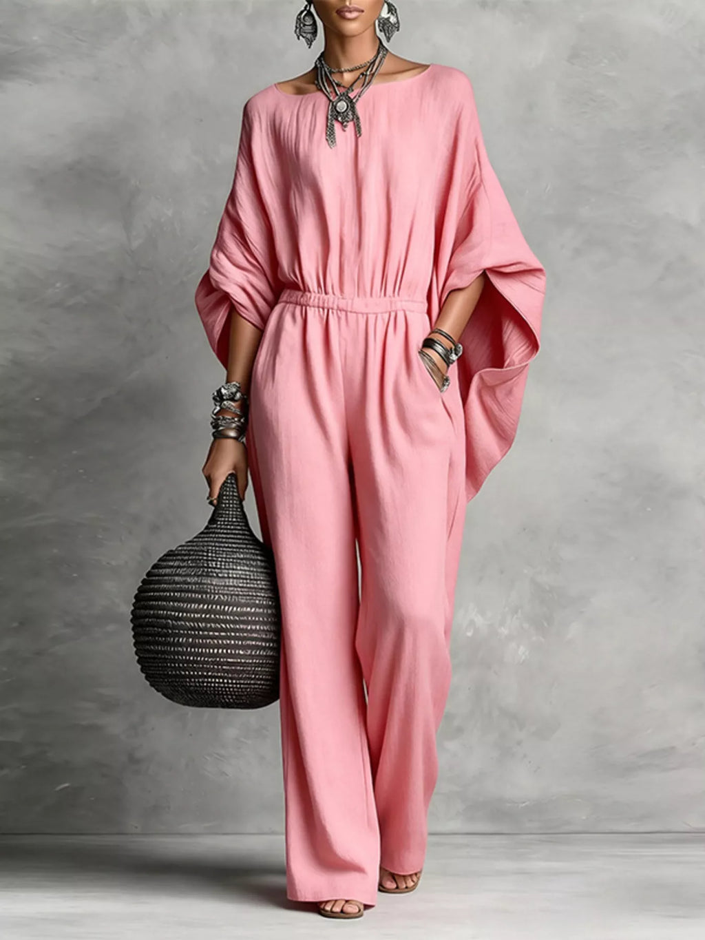 Full Size Boat Neck Batwing Sleeve Wide-leg Jumpsuit Plus