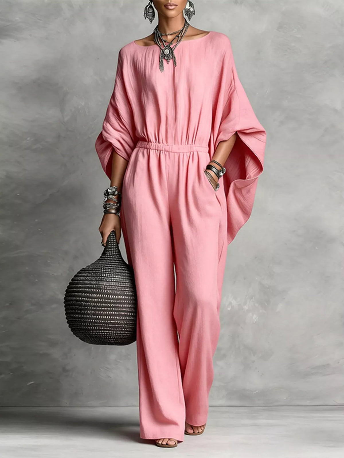 Full Size Boat Neck Batwing Sleeve Wide-leg Jumpsuit Plus