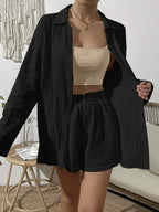 Dropped Shoulder Button Up Top Elastic Waist Shorts Set