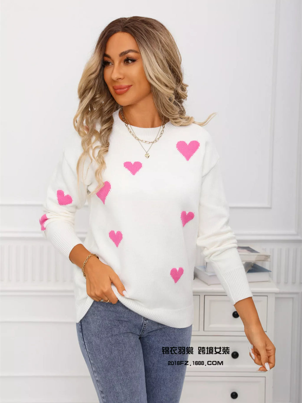 Valentine's Day Heart Print Round Neck Sweater (17)