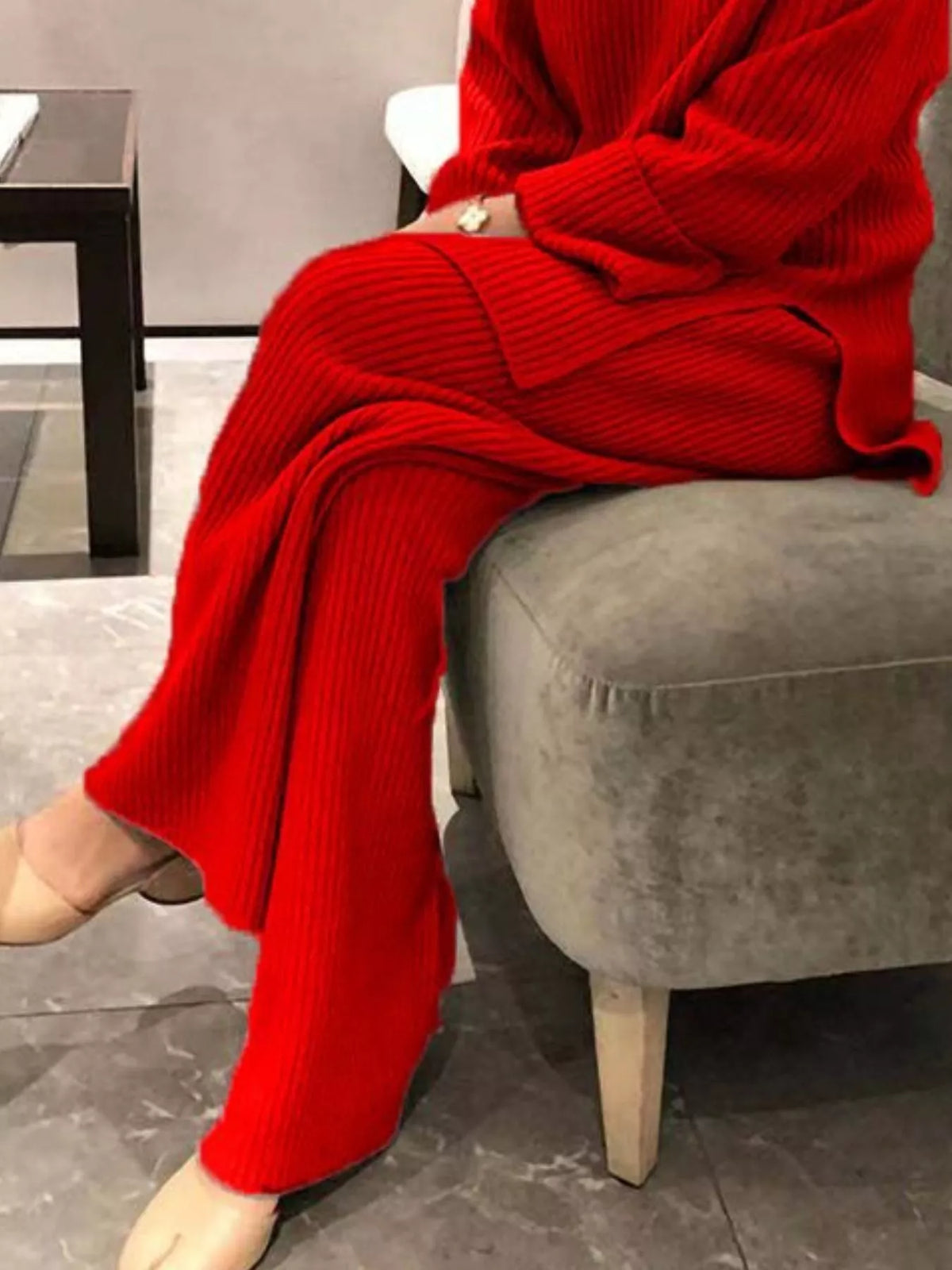 Full Size Ribbed Knit Relaxed Fit Top Pants Sweater Set Plus (12)