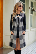 Plaid Open Front Sleeveless Cardigan Pockets