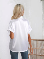 Button Down Collared Neck Short Sleeve Satin Shirt (11)