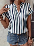 Striped Notched Short Sleeve Shirt